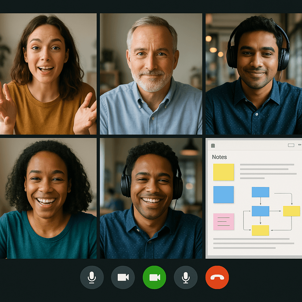 Diverse group collaborating online, signifying the community and possibility within online business and quit 9 to 5 success stories.