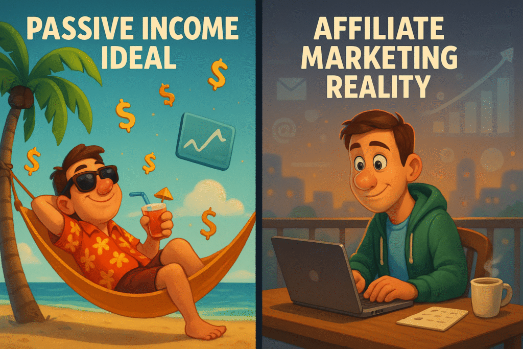 Split illustration comparing "Passive Income" (person relaxing) on one side with "Affiliate Marketing" (person actively working on a laptop, but looking flexible/happy) on the other.