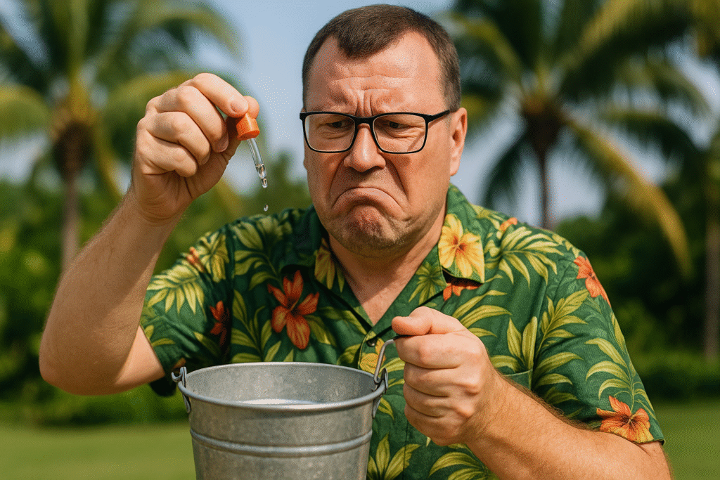 Person trying to fill a large bucket with a tiny eyedropper, symbolizing low PPC affiliate earnings.