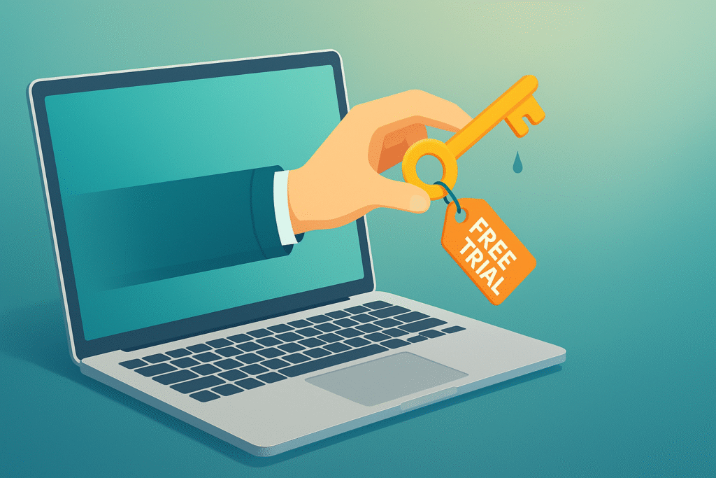 Illustration of a hand offering a key from a laptop screen, representing PPL affiliate marketing lead generation.