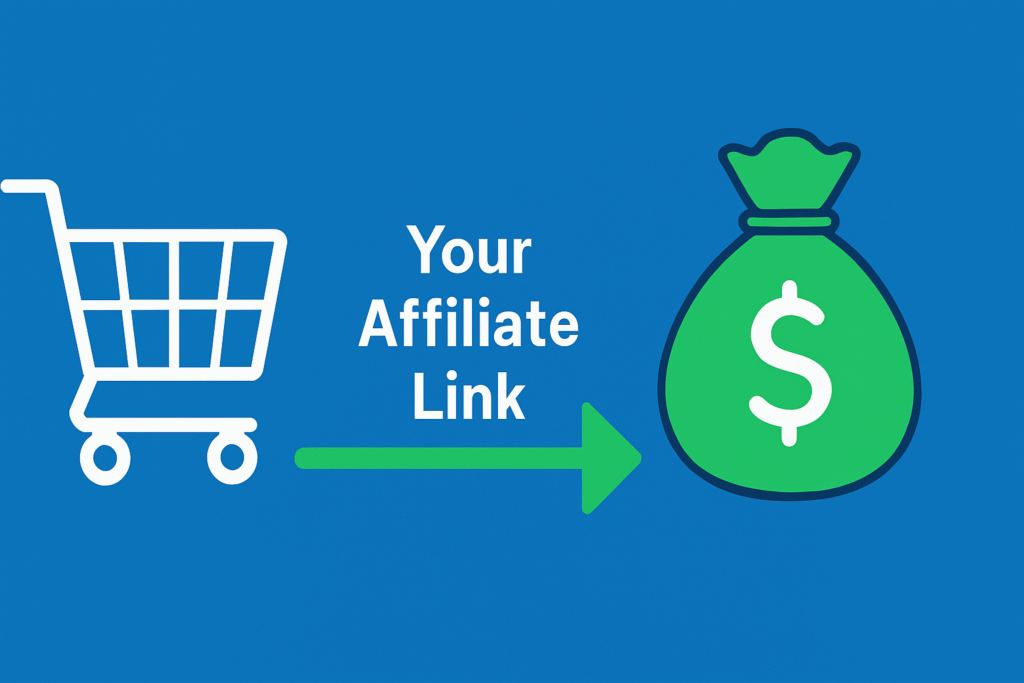 Infographic showing affiliate link turning a shopping cart into a money bag, representing PPS model.