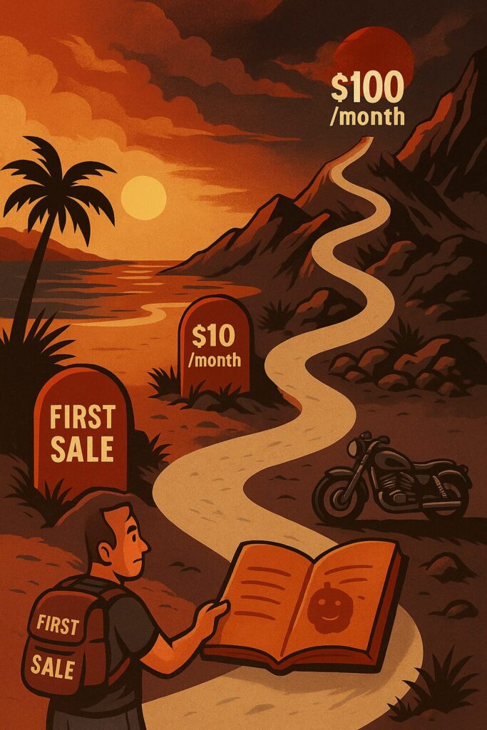 Graphic illustrating the journey towards realistic affiliate marketing income goals through achievable milestones.