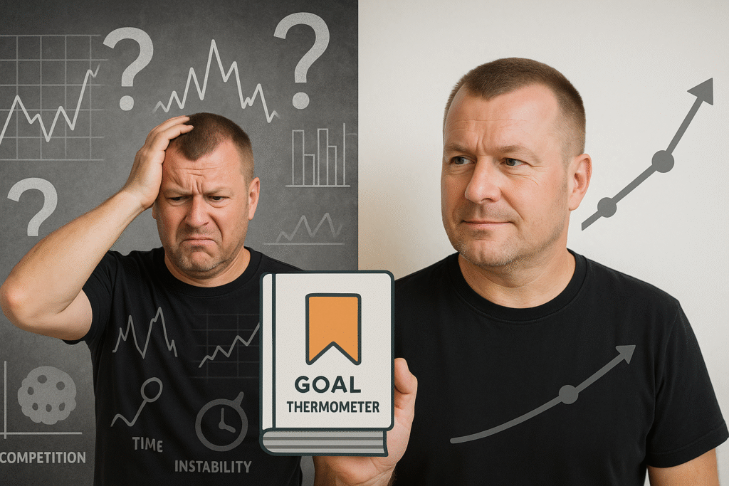 Image contrasting confusion of unrealistic affiliate income goals with clarity from setting realistic expectations.