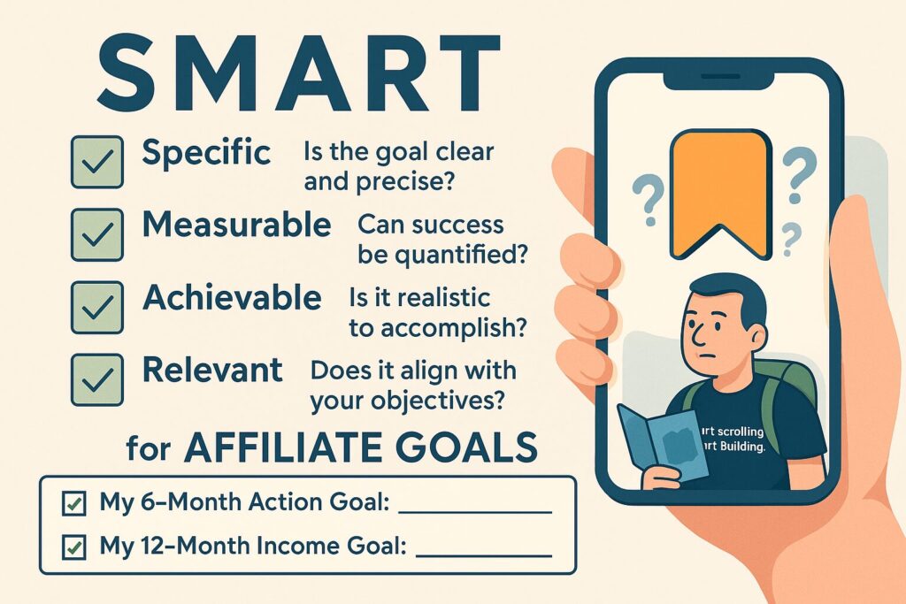 Infographic checklist explaining how to set SMART goals for realistic affiliate marketing income.
