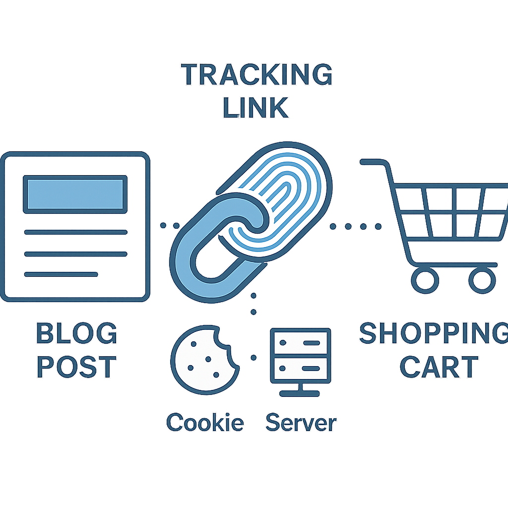 Infographic showing how affiliate links, cookies, and servers track conversions - key components of affiliate marketing.