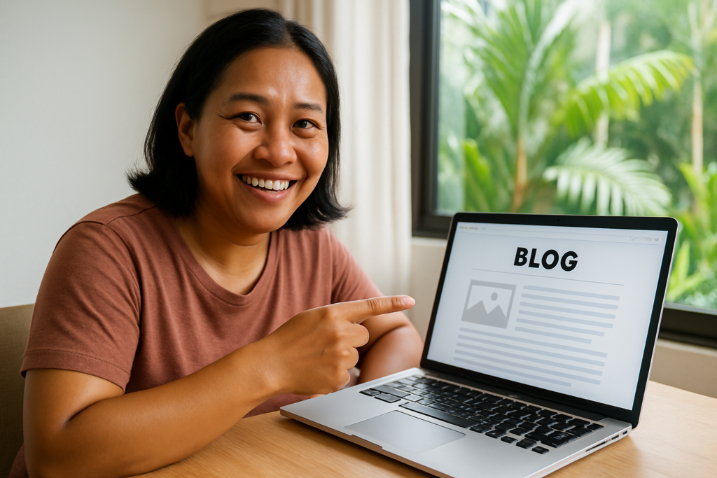 Affiliate marketer working on their blog in a tropical setting, representing a key component of affiliate marketing.