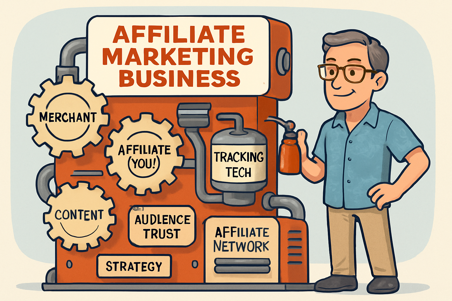 Illustration of an affiliate marketing machine showing its key components like merchant, affiliate, customer, tracking, content, and audience trust.
