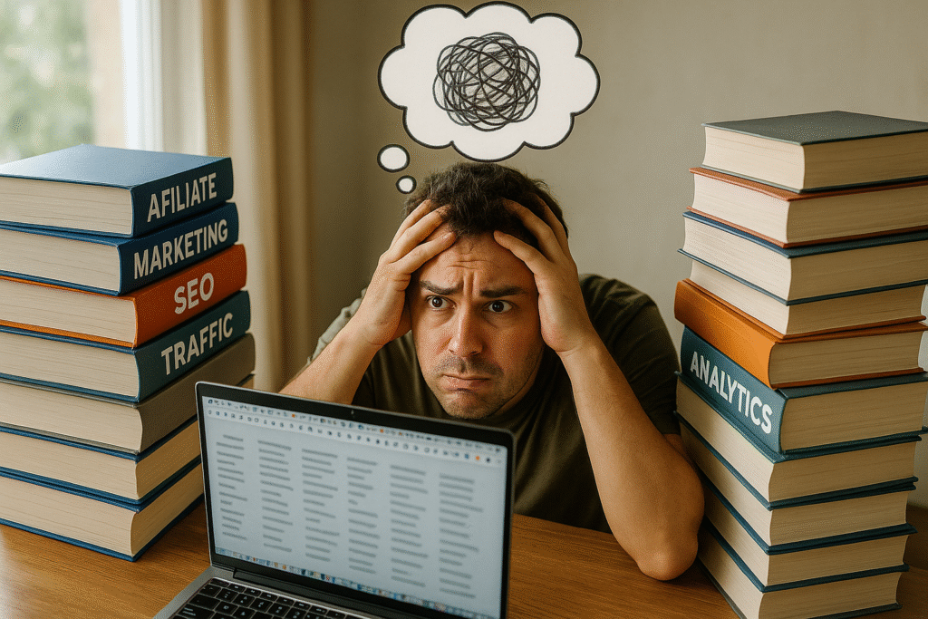 Overwhelmed person surrounded by affiliate marketing books and computer tabs.