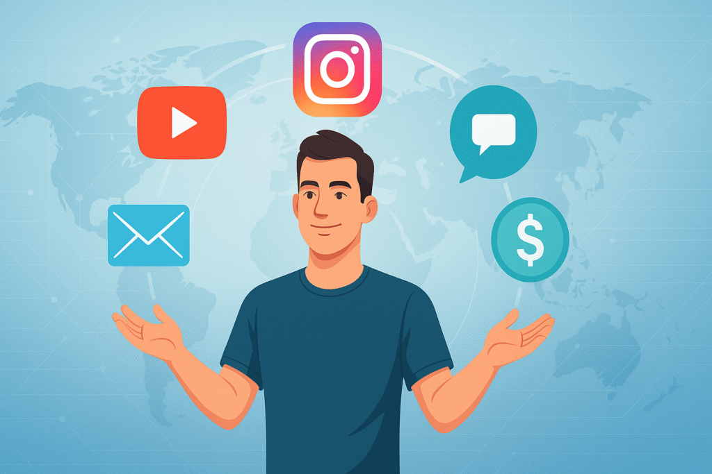 Icons representing social media, email, video, forums, and paid ads used for affiliate marketing without a website.