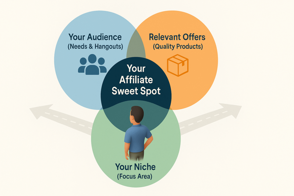 Venn diagram showing the intersection of audience needs, niche focus, and relevant offers as the key to affiliate marketing success.