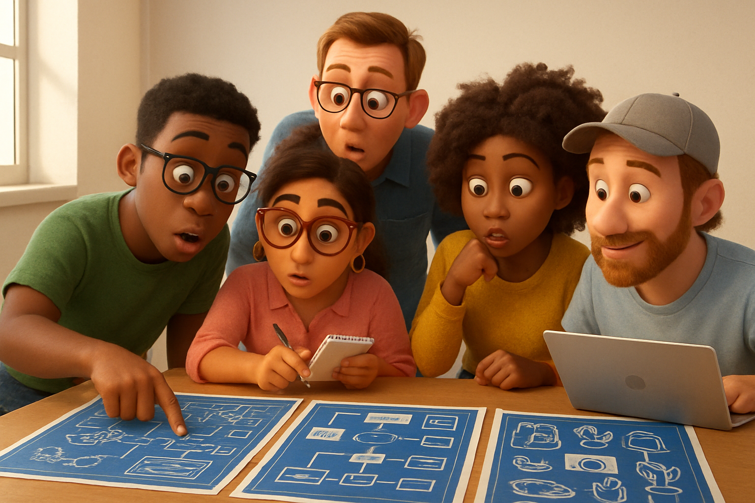 Illustration of diverse people studying different blueprints representing successful affiliate site examples and strategies.