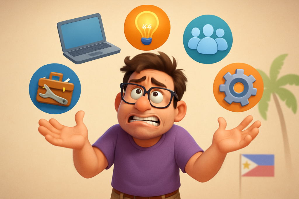 Cartoon character juggling the essential components of affiliate marketing: platform, content, audience, strategy, and tools.