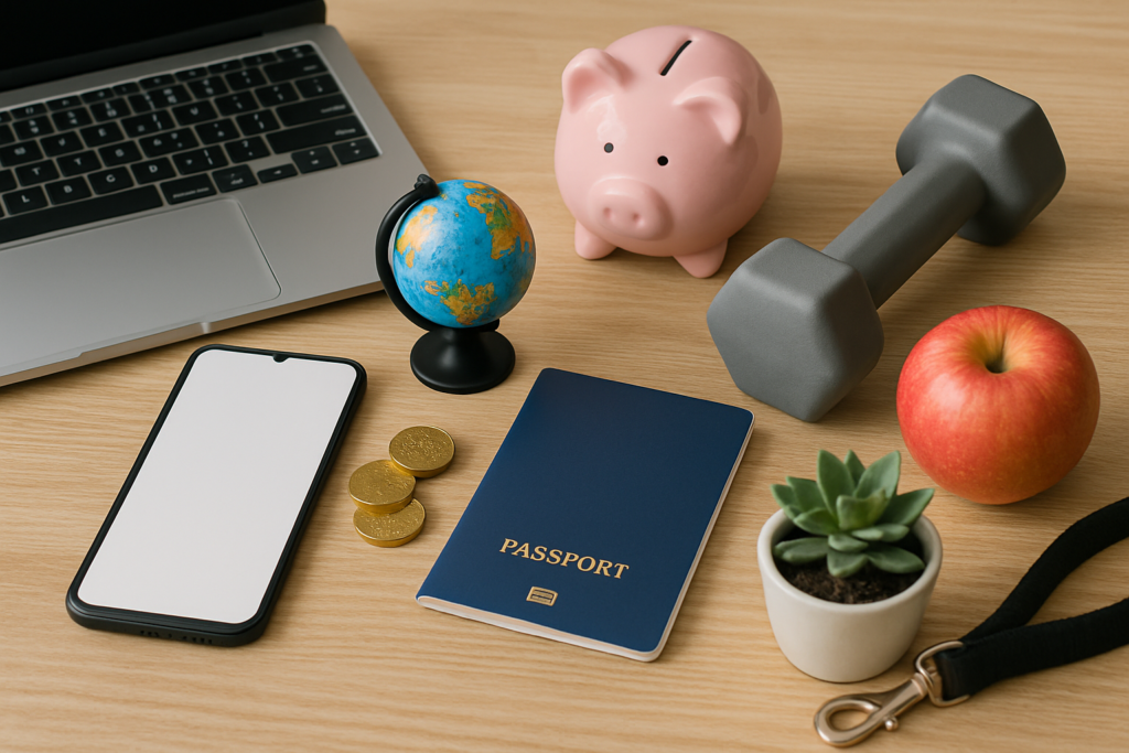 Objects representing popular affiliate marketing niches laid out on a table.