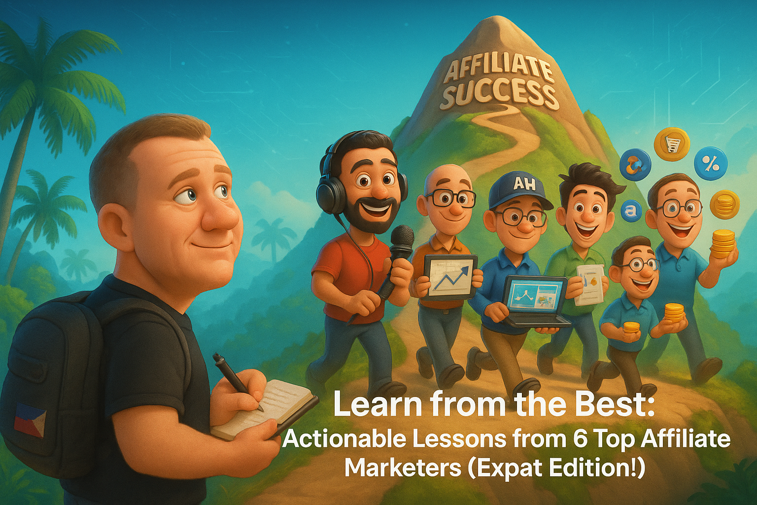 Illustration showing diverse top affiliate marketers on paths to success, with an aspiring marketer (expat) learning from them.